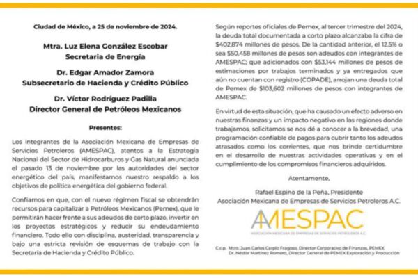 AMESPAC solicita certidumbre en los pagos de Pemex y respalda estrategia energética