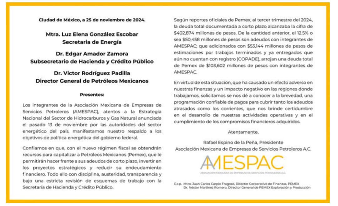 AMESPAC solicita certidumbre en los pagos de Pemex y respalda estrategia energética