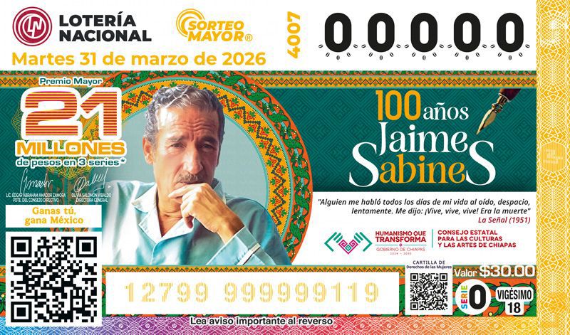 Inicia conmemoración del centenario de Jaime Sabines con Sorteo de Lotería y homenajes culturales