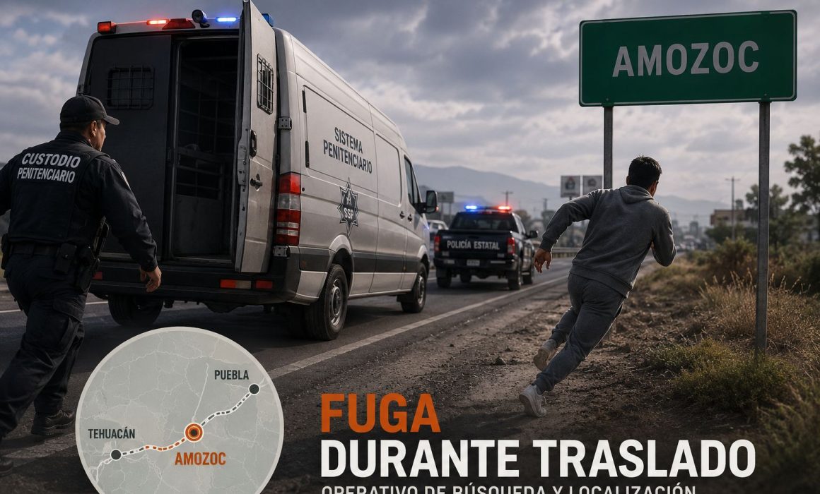Fuga reo vinculado a secuestro durante traslado en Amozoc, Puebla