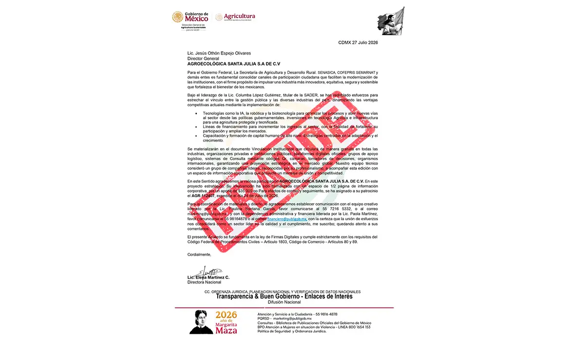 Alerta Sader por fraude con oficios apócrifos que solicitan patrocinios falsos